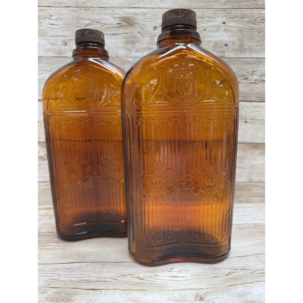 Set 2 Antique Hiram Walker Amber Whiskey Bottle Embossed Gates Original Cap 1930